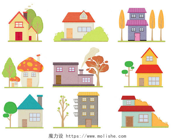 卡通房子元素各种房屋卡通植物蘑菇房小房子PNG素材